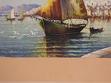 a painting of a sailboat on the water with a city in the background