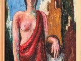an oil painting of a woman in a red dress holding a bucket
