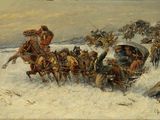tableau représentant un groupe d'hommes voyageant dans une calèche dans la neige