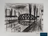 dessin en noir et blanc représentant un pont avec des bancs au premier plan