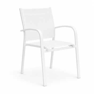a white plastic chair with armrests on a white background