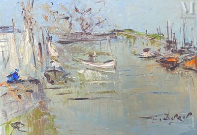 a painting of boats on the water in a harbor