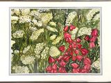 painting of red and white flowers in a field of white flowers