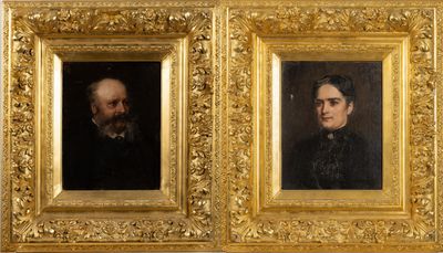 two portraits of a man and a woman in a gold frame