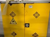 a yellow metal cabinet that has a sign on it