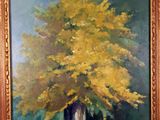 a painting of a vase with a yellow tree in it