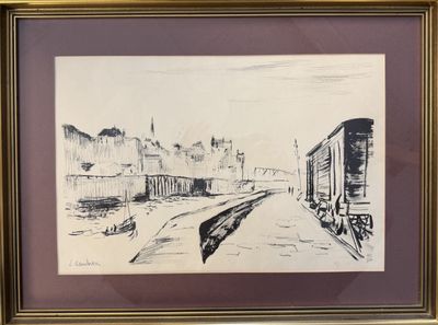 drawing of a train on the tracks in a city