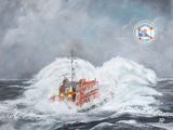 painting of a boat in the middle of a large body of water