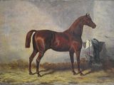 tableau représentant un cheval brun debout dans une grange, au milieu du foin