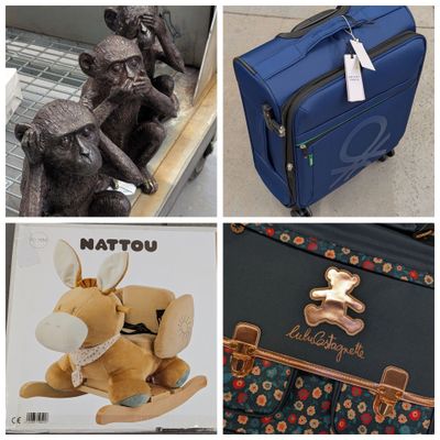 plusieurs photos représentant divers objets, notamment une valise, un ours en peluche, un cheval à bascule et un ours en peluche