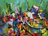 an oil painting of a group of people standing around a boat