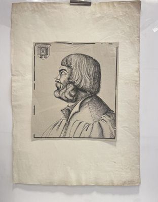 an old drawing of a man with long hair and a beard