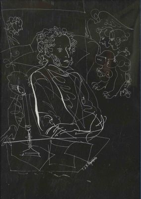 dessin en noir et blanc représentant un homme assis à une table