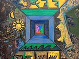 painting of a colorful abstract painting of a building with a sun in the background
