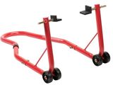 une paire de jantes de moto rouges avec des roues noires sur fond blanc