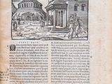 an old book with a picture of a building and a man on a horse