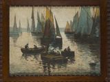 a picture of a painting of boats in the water