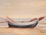 a painting of a boat on the beach by the water
