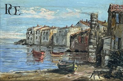 une peinture représentant une peinture d'une ville au bord de l'eau
