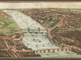 painting of a view of a city with a bridge over a river