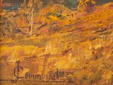 an image of a painting of a landscape with trees and hills