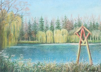a painting of a person standing on a wooden pole