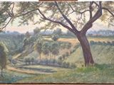 an oil painting of a tree in a field with hills in the background