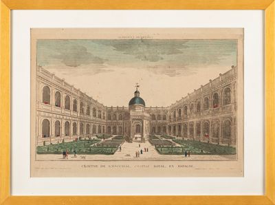 an old drawing of a courtyard with a fountain and a clock tower