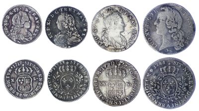 six types différents de pièces d'argent sont représentés sur un fond blanc