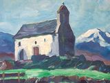 une peinture à l'huile représentant une église dans un champ, avec des montagnes en arrière-plan