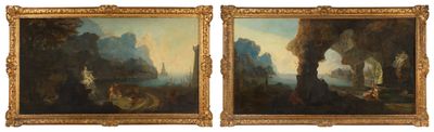 deux tableaux représentant un paysage de montagne avec une grotte et un homme dans un bateau