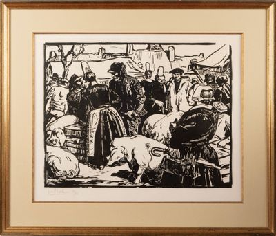 a black and white drawing of a group of people in a market