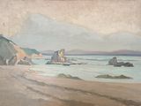 an image of a painting of a beach with rocks in the water