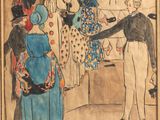 painting of a woman and a man in a kitchen with a woman standing next to her