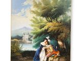 an image of a painting of a couple sitting on a bench by a lake
