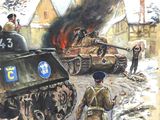 painting of a group of men standing next to tanks on a snowy street