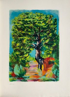 une peinture représentant un arbre au milieu d'un chemin de terre