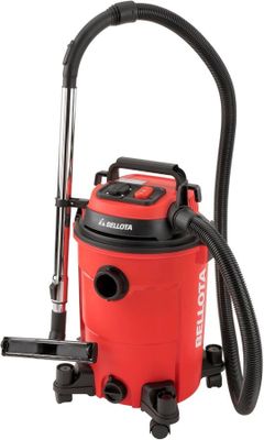 a red vacuum cleaner with a black hose on a white background