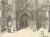 a drawing of a large building with a clock on it