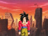 Goku, de Dragon Ball, debout au milieu d'une ville, avec des immeubles en arrière-plan