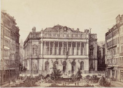 dessin représentant un grand bâtiment surmonté d'une horloge