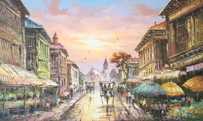 un tableau représentant des gens marchant dans la rue avec des parapluies