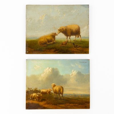 deux tableaux représentant des moutons dans un champ, avec des nuages en arrière-plan