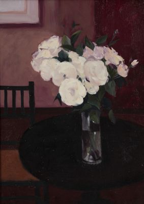 a painting of a vase of white flowers on a table