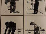 four black and white illustrations of people working on a farm