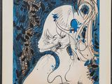 une image représentant un dessin en bleu et blanc d'une femme aux cheveux longs