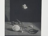 dessin représentant une nature morte avec un papillon et une pêche posés sur une table