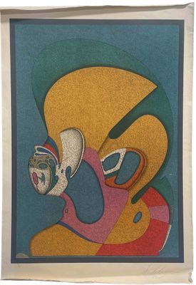 tableau représentant une femme portant un masque, dans un cadre bleu