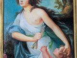 an oil painting of a woman holding a child in her arms