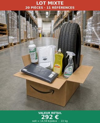 a box full of cleaning products sitting on top of a warehouse floor